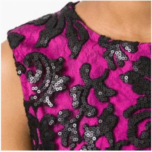 Diane von Furstenberg's Kaleb Fuchsia & Black Lace Sequin Shift Mini Dress 4 - Picture 9 of 12